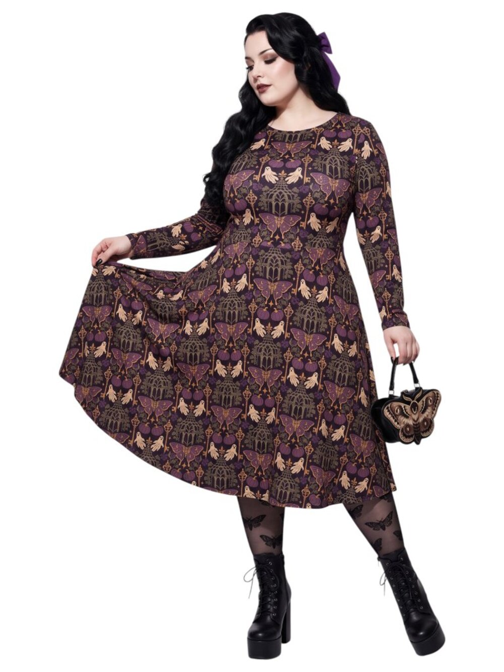 Plus Size Whimsigoth Gothic Moth Long Sleeve Dress with Pockets